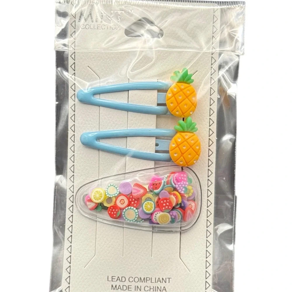 Mint Collection Kids 3PC Pineapple and Fruit Shaker Snap Hair Clip Set Blue